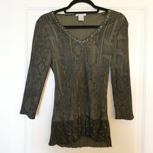Alberto Makali Olive Green Crinkle V Neck Snake Print Top SZ M